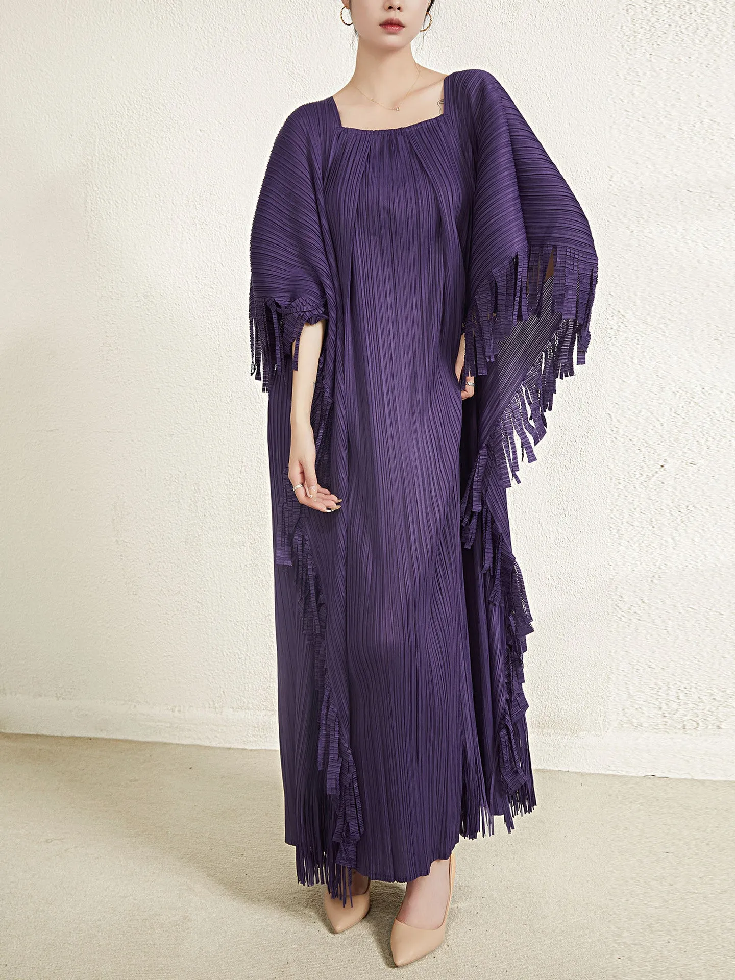 Miyake Pleated Flare Sleeves Maxi Dress with Fringe Detail