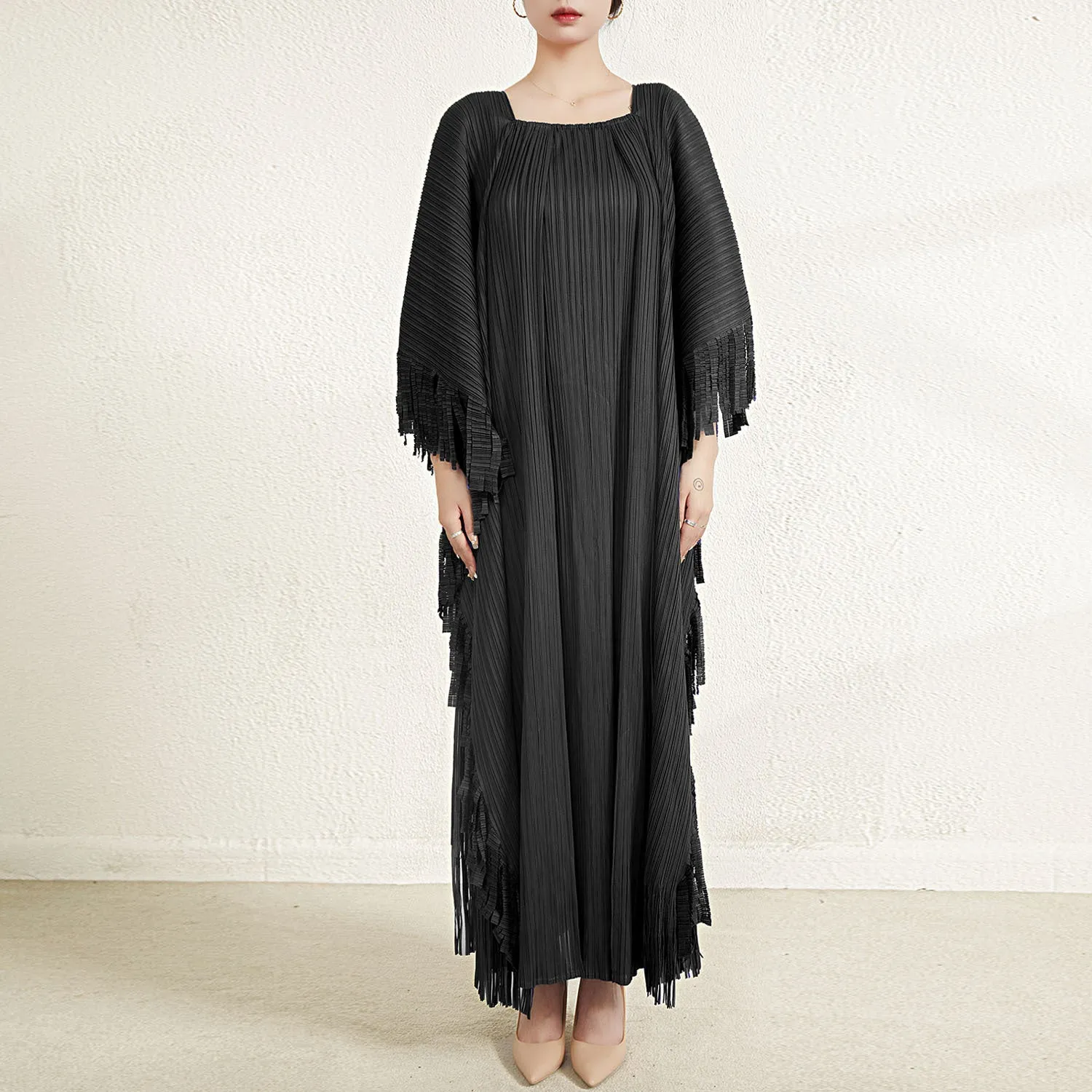 Miyake Pleated Flare Sleeves Maxi Dress with Fringe Detail