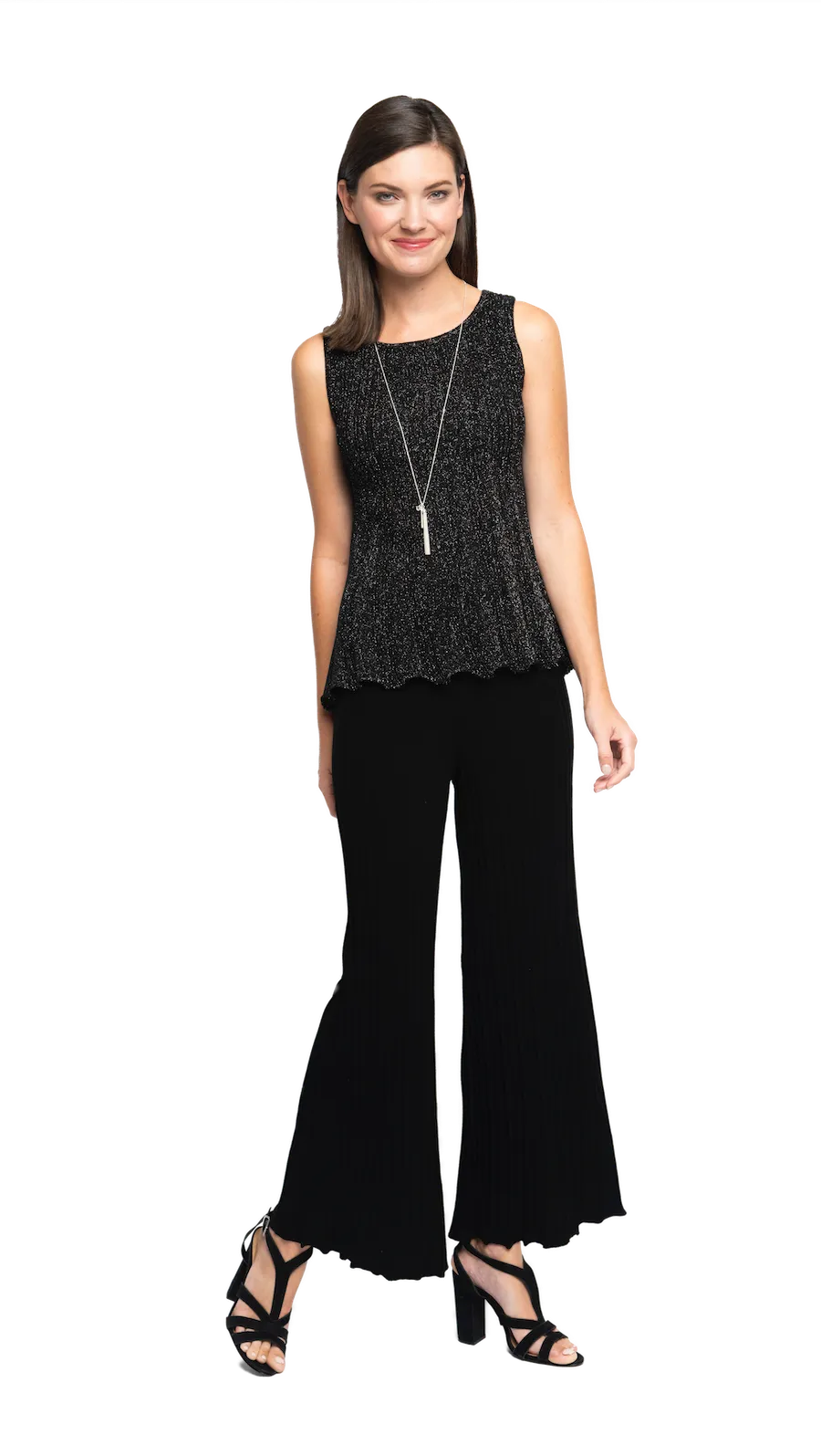 Molly Shimmer Sleeveless Pleated Swing Top - Black Shimmer