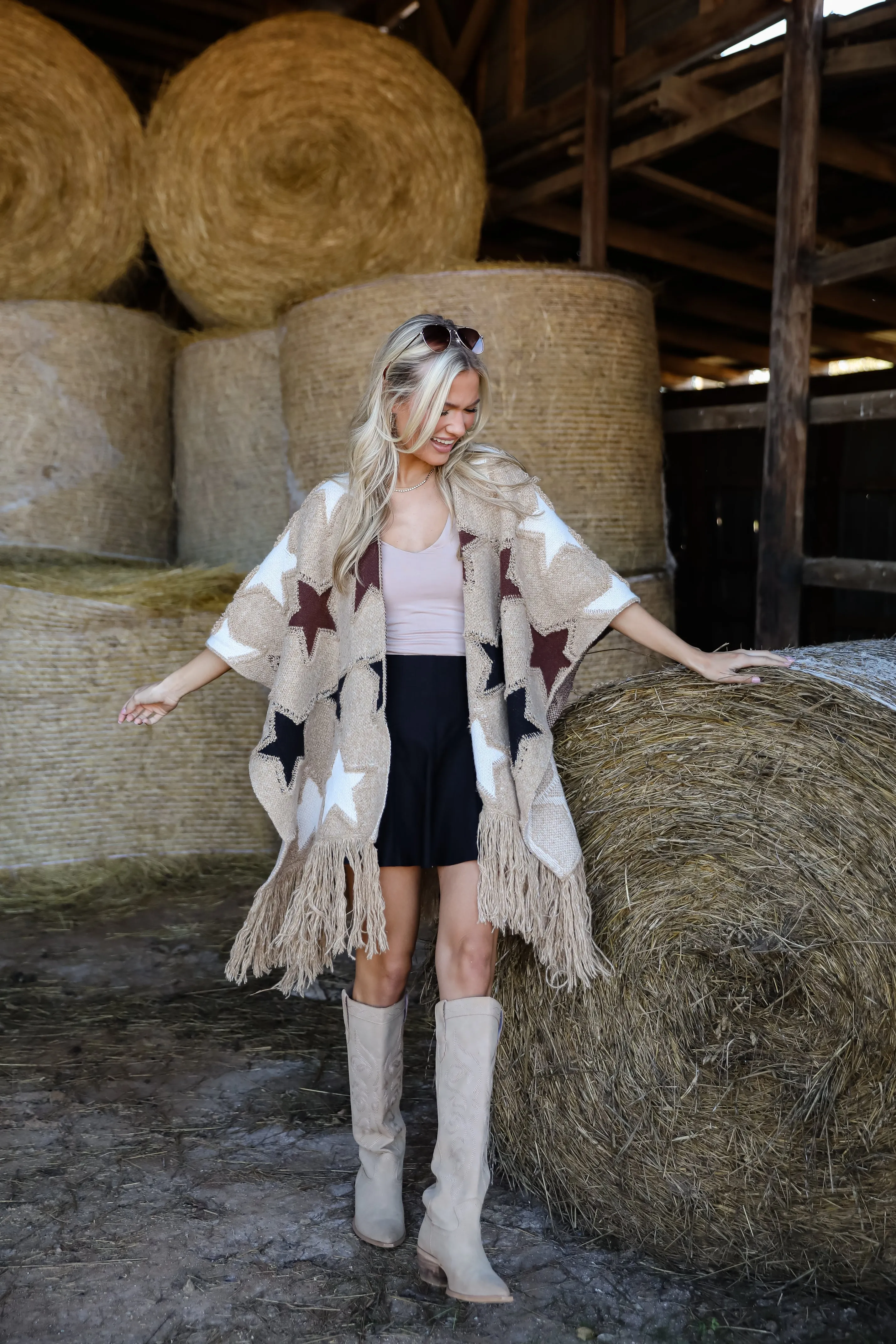 Playful Coziness Beige Star Knit Fringe Shawl