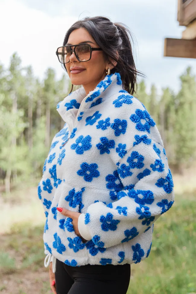 Playing For Keeps Blue and Ivory Floral Print Sherpa Pullover