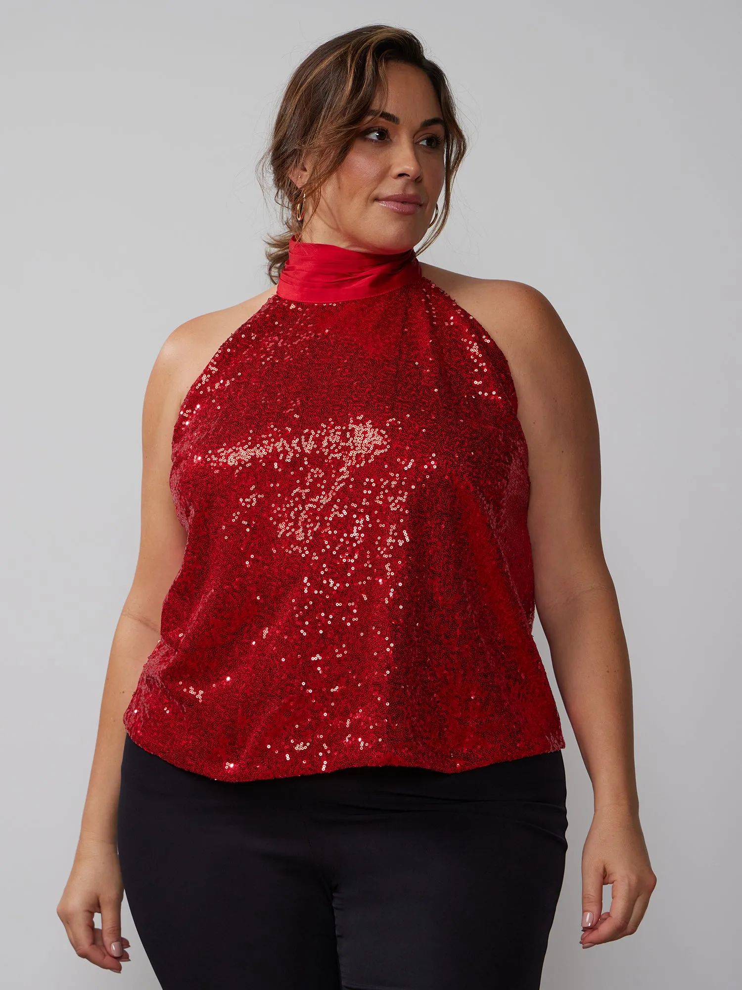 Plus Sleeveless Sequin Halter Top