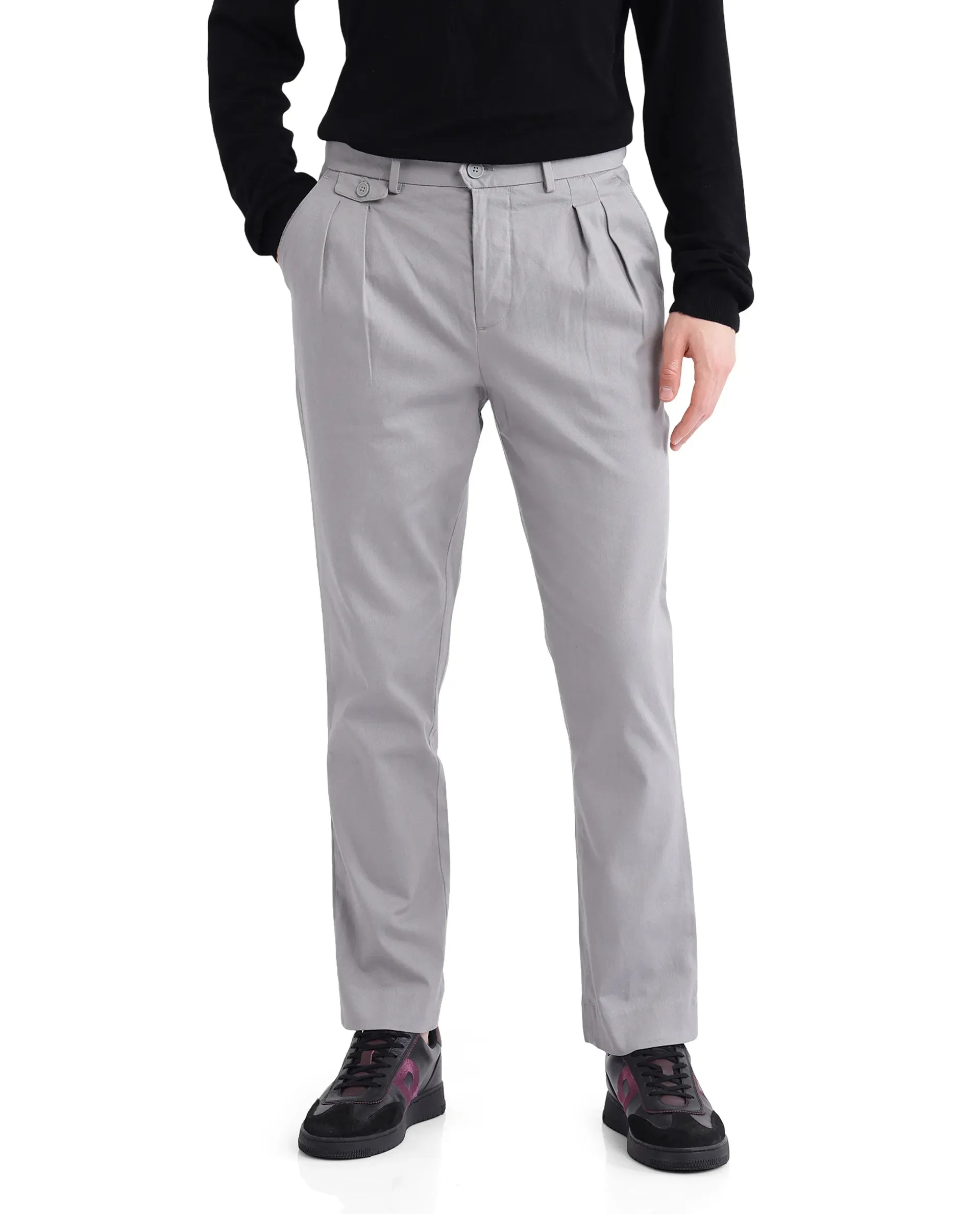 Rare Rabbit Men's Torro Grey Cotton Fabric Plain Slim Fit Trouser