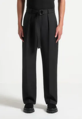 Relaxed Fit Textured Belted Tailored Trousers - Black