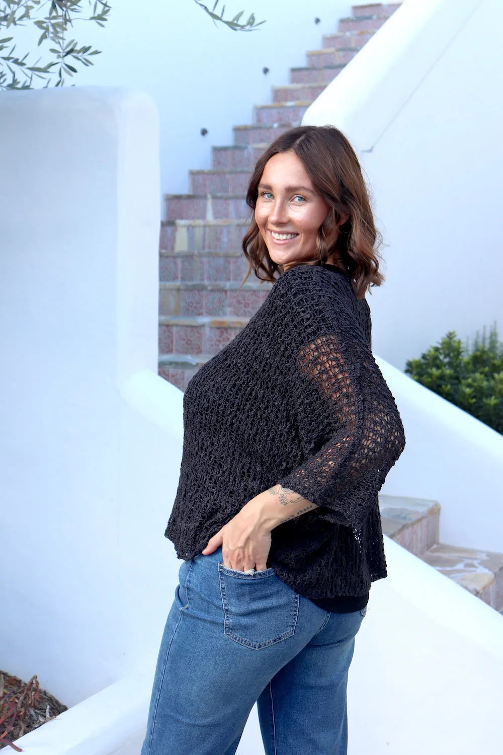 Travel Overlay Knit Top in Black