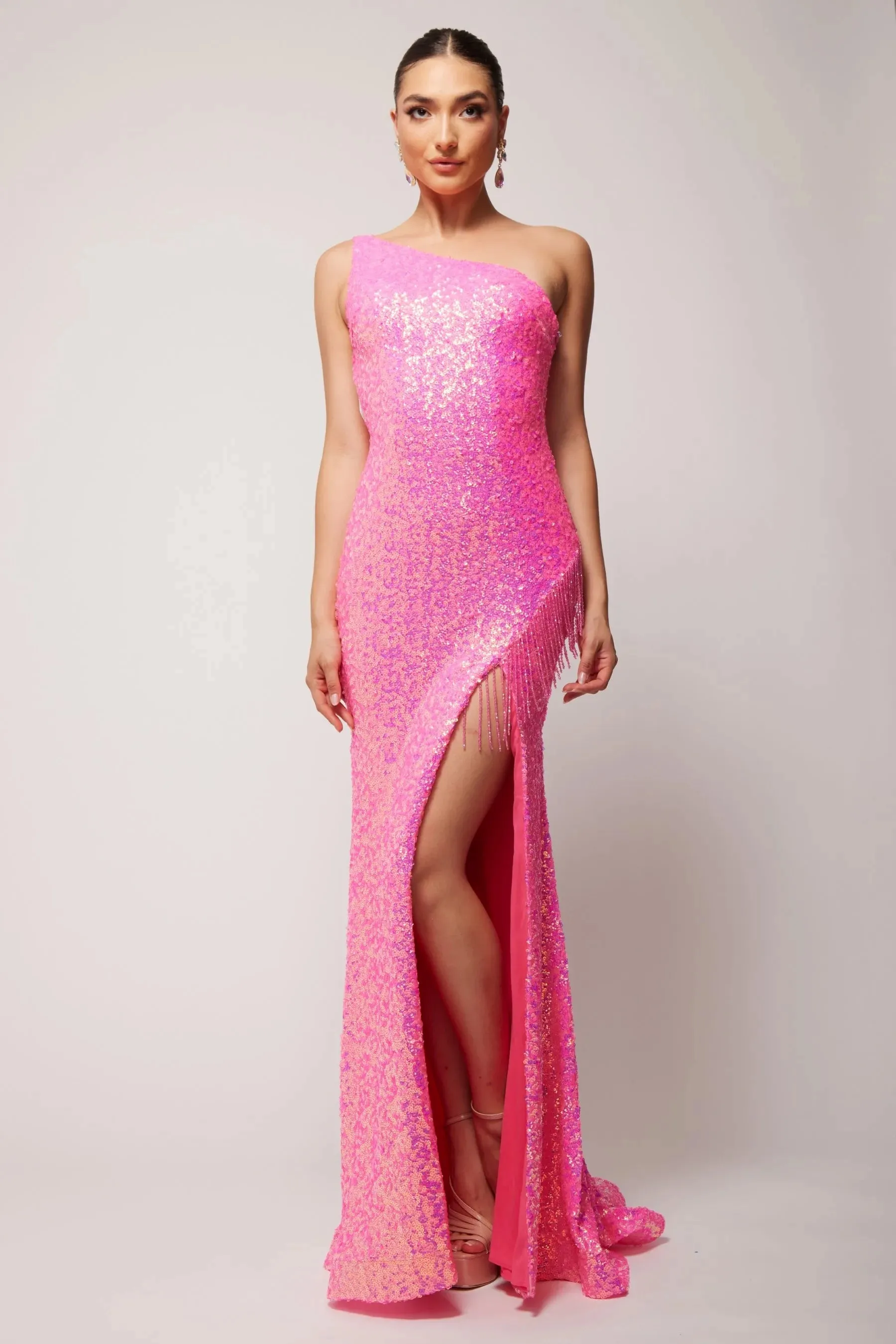 Vienna Prom Dress 8857 Size 10 Fuchsia Sequin One Shoulder Prom Dress Fringe Slit Gown