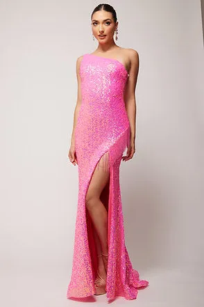 Vienna Prom Dress 8857 Size 10 Fuchsia Sequin One Shoulder Prom Dress Fringe Slit Gown