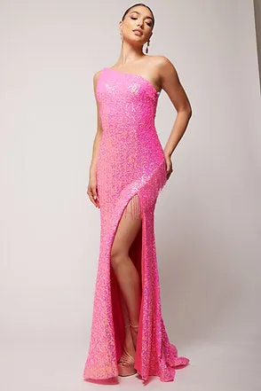 Vienna Prom Dress 8857 Size 10 Fuchsia Sequin One Shoulder Prom Dress Fringe Slit Gown