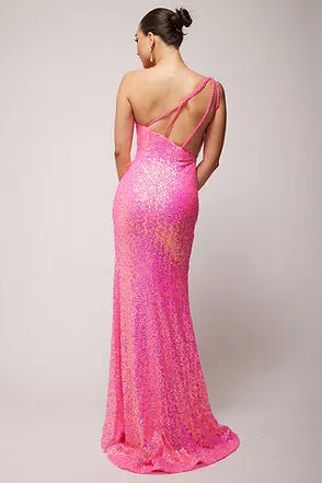 Vienna Prom Dress 8857 Size 10 Fuchsia Sequin One Shoulder Prom Dress Fringe Slit Gown