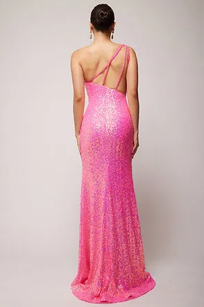 Vienna Prom Dress 8857 Size 10 Fuchsia Sequin One Shoulder Prom Dress Fringe Slit Gown