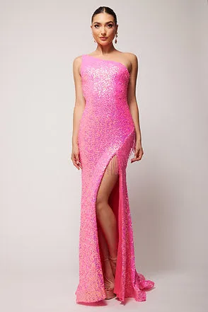 Vienna Prom Dress 8857 Size 10 Fuchsia Sequin One Shoulder Prom Dress Fringe Slit Gown