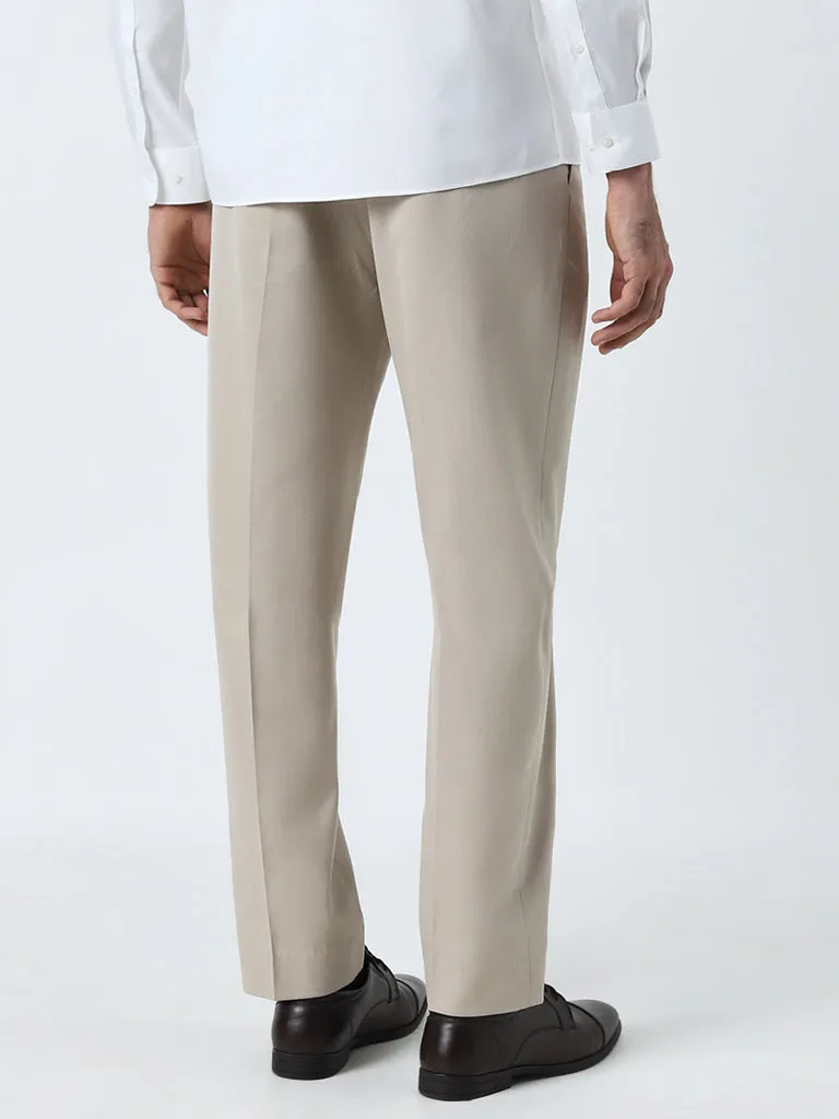 WES Formals Beige Mid-Rise Relaxed-Fit Trousers