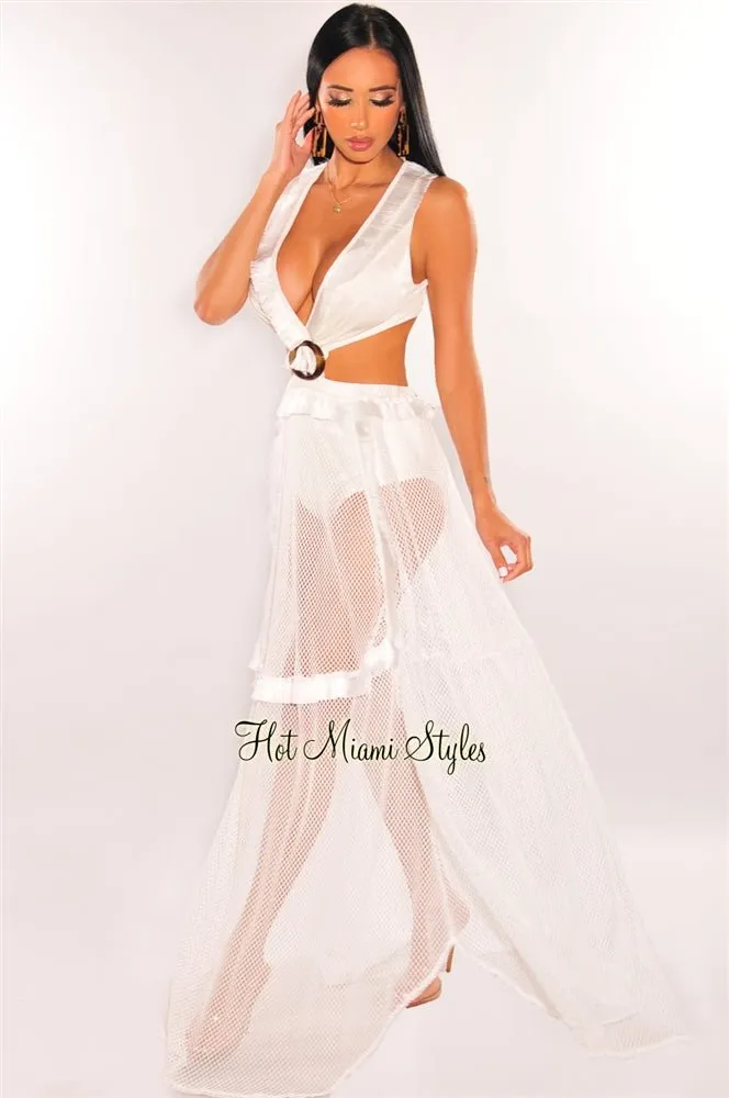 White Fringe Cut Out Lace Up Back Sleeveless Maxi Dress