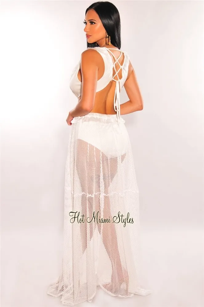 White Fringe Cut Out Lace Up Back Sleeveless Maxi Dress