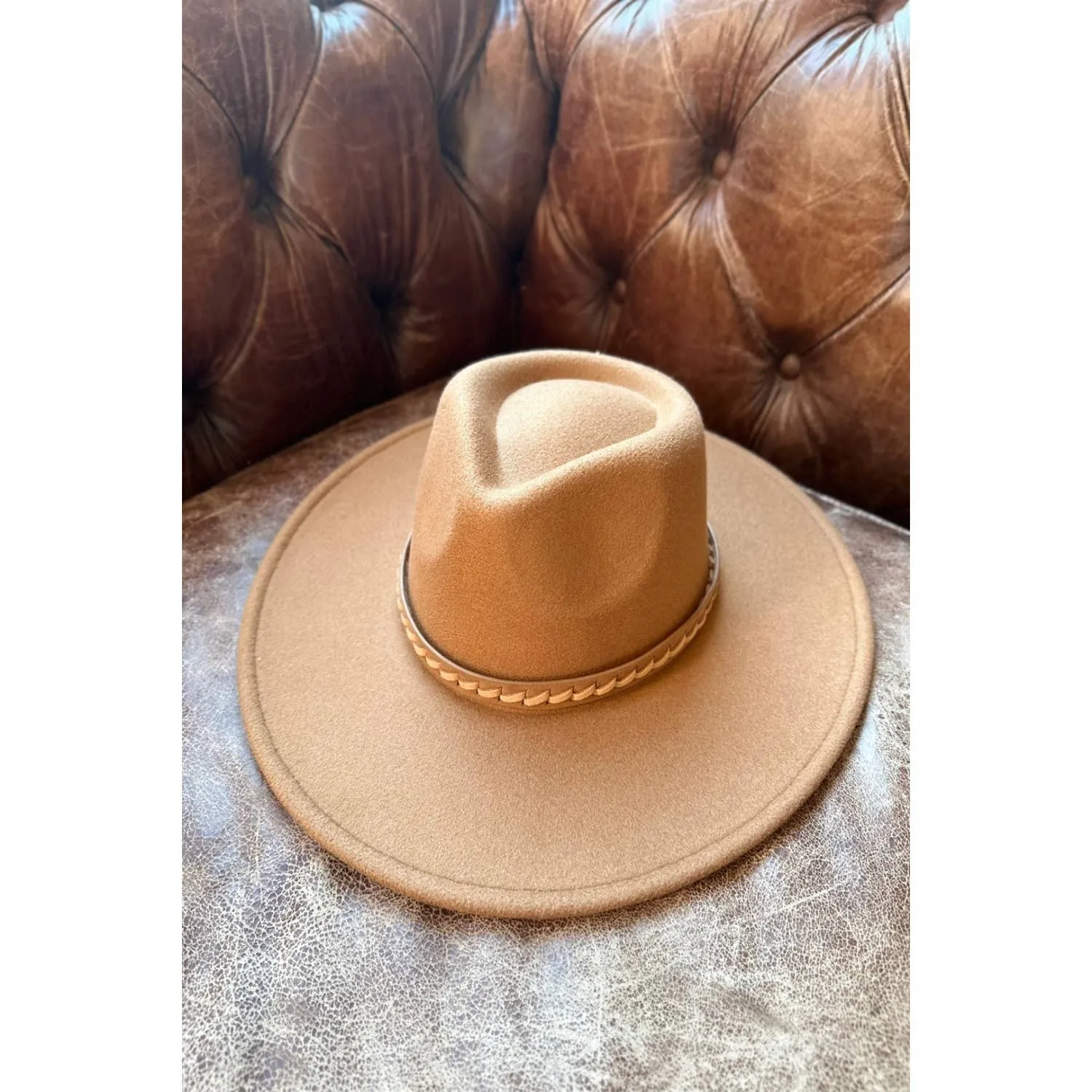 Wide Brim Vegan felt Rancher hat With Braid ONE SIZE