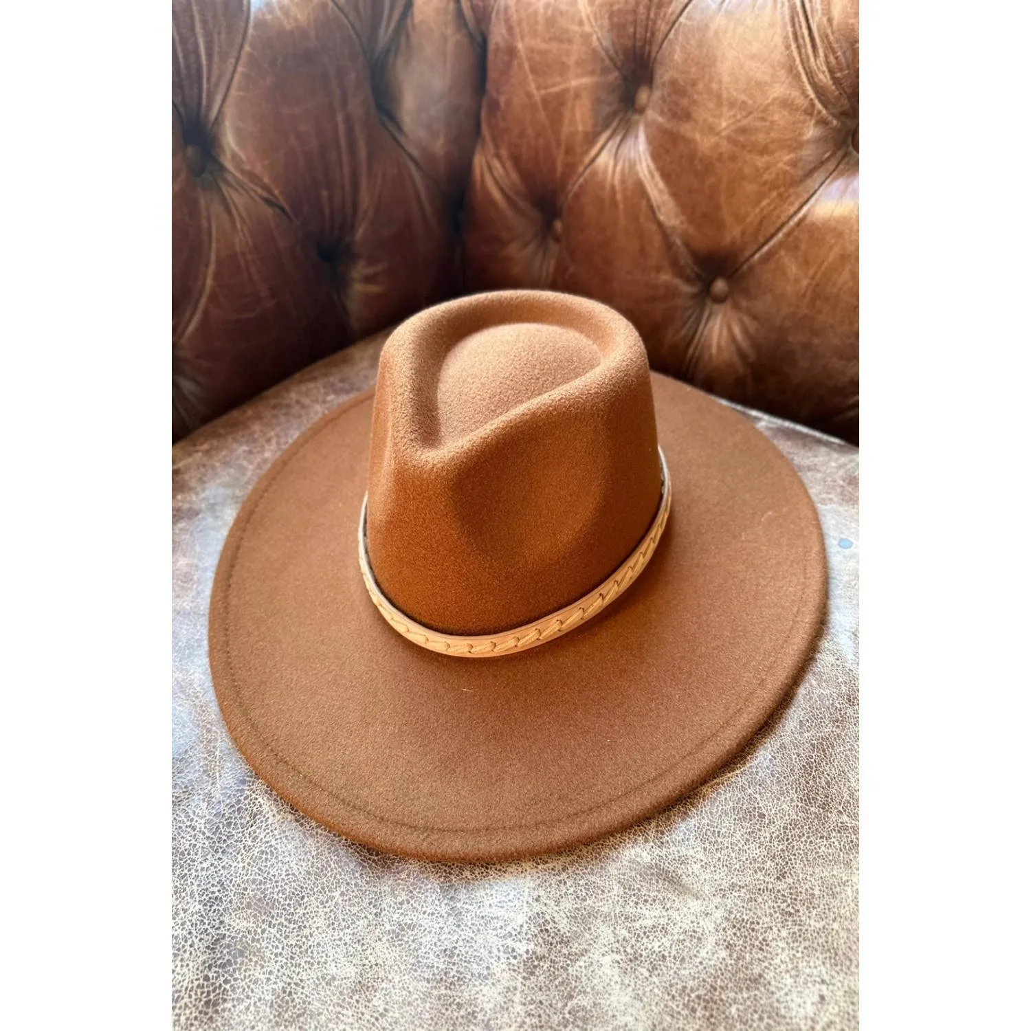 Wide Brim Vegan felt Rancher hat With Braid ONE SIZE