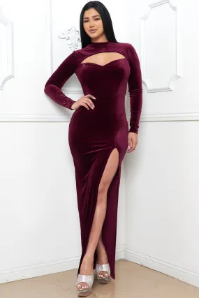 Wine Velvet Mock Neck Maxi Dress