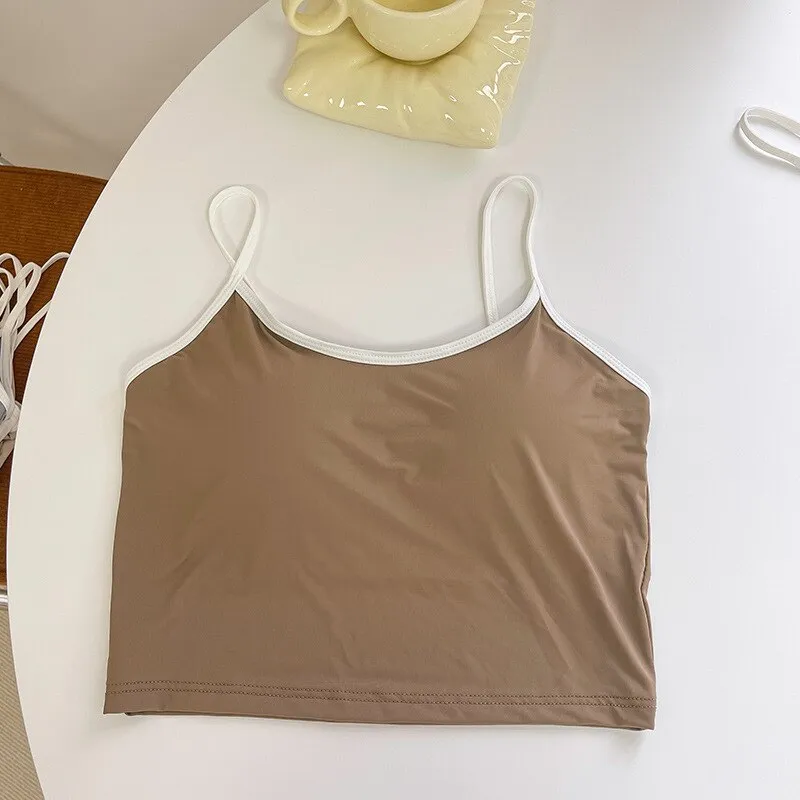 Wjczt Sexy Girl's Beautiful Back Crop Top Women Ice Silk Fixed Cup Push?Up Wireless Soft Skin-Friendly Camisole 2022 New