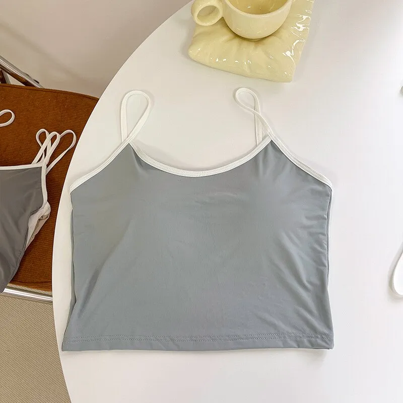 Wjczt Sexy Girl's Beautiful Back Crop Top Women Ice Silk Fixed Cup Push?Up Wireless Soft Skin-Friendly Camisole 2022 New