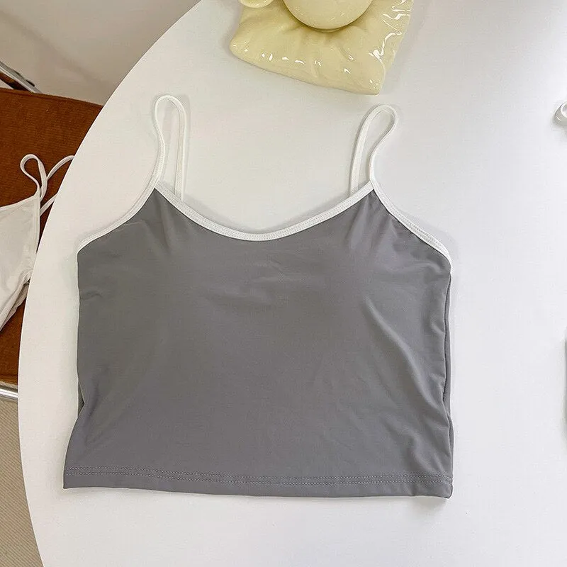 Wjczt Sexy Girl's Beautiful Back Crop Top Women Ice Silk Fixed Cup Push?Up Wireless Soft Skin-Friendly Camisole 2022 New