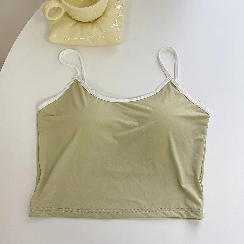 Wjczt Sexy Girl's Beautiful Back Crop Top Women Ice Silk Fixed Cup Push?Up Wireless Soft Skin-Friendly Camisole 2022 New