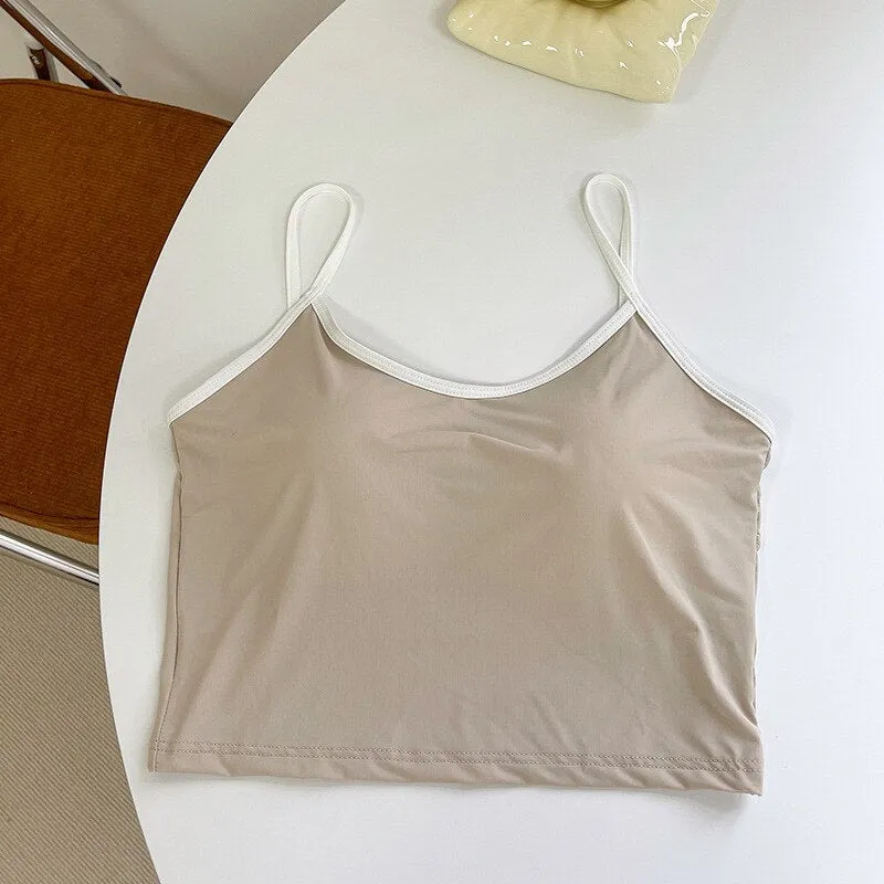 Wjczt Sexy Girl's Beautiful Back Crop Top Women Ice Silk Fixed Cup Push?Up Wireless Soft Skin-Friendly Camisole 2022 New