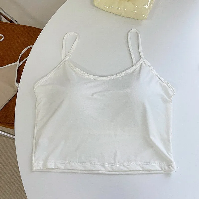 Wjczt Sexy Girl's Beautiful Back Crop Top Women Ice Silk Fixed Cup Push?Up Wireless Soft Skin-Friendly Camisole 2022 New