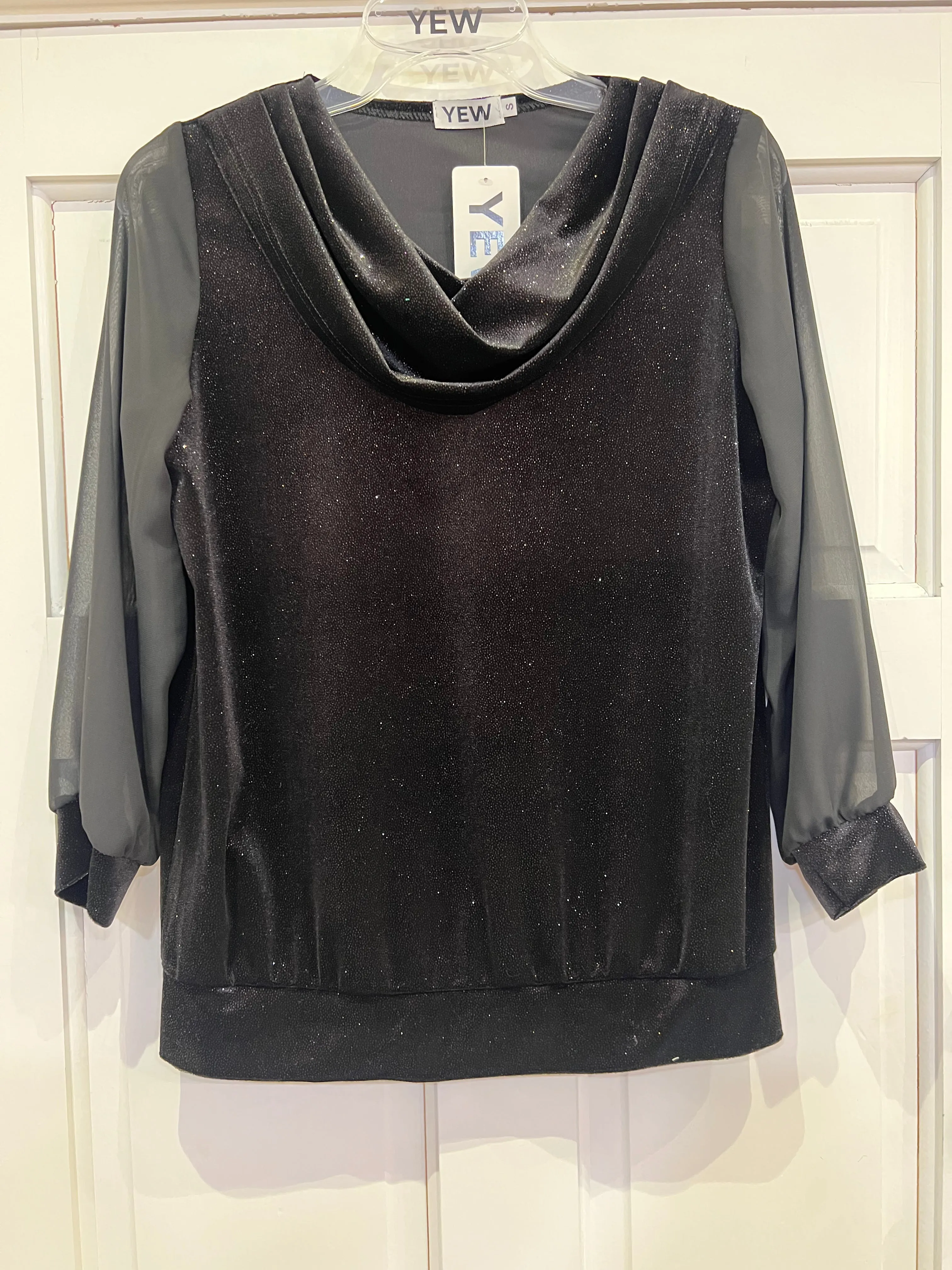 Yew "Kirby" Cowl Neck Shimmer Top with sheer sleeve. All Colours