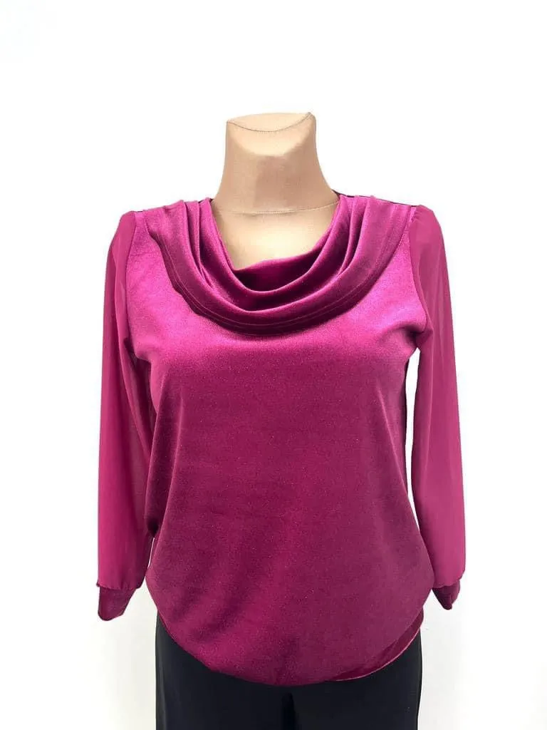 Yew "Kirby" Cowl Neck Shimmer Top with sheer sleeve. All Colours